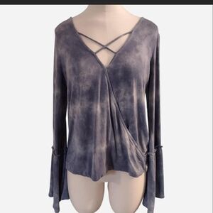 American Eagle Outfitters Blue Tie-Dye Crisscross V-Neck Long Sleeve Top
